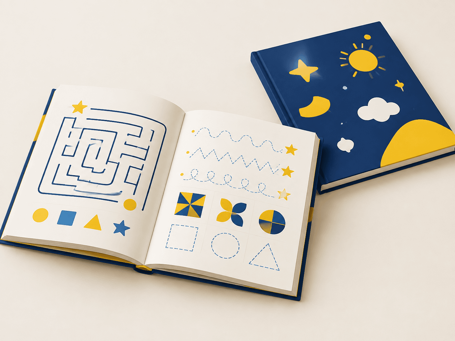 Open activity book showing puzzles, writable pages and sticker components