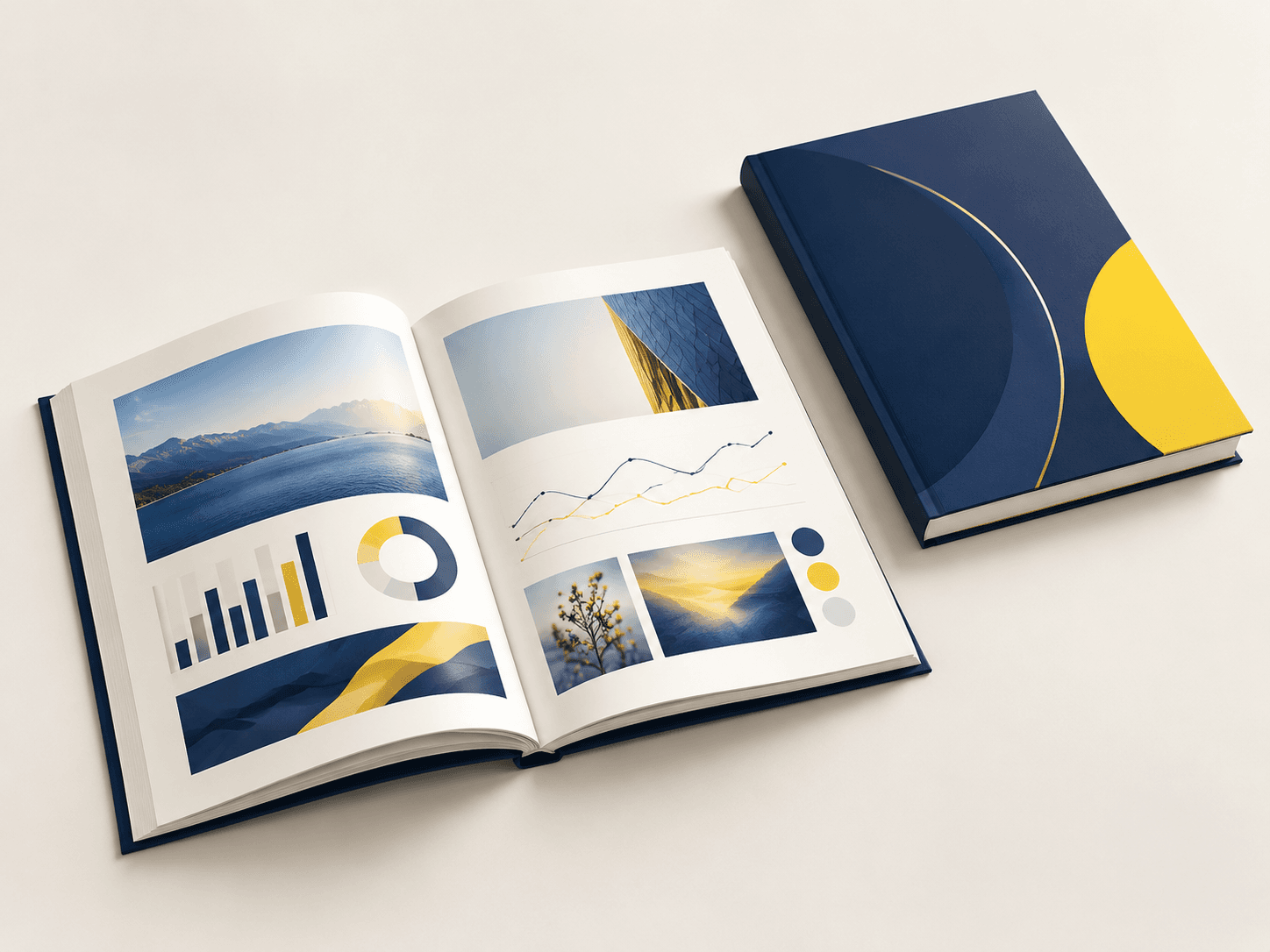 Open annual report showing a professionally printed corporate spread