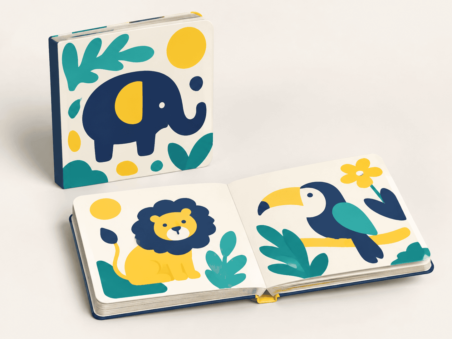 Open board book showing thick mounted pages and rounded corners