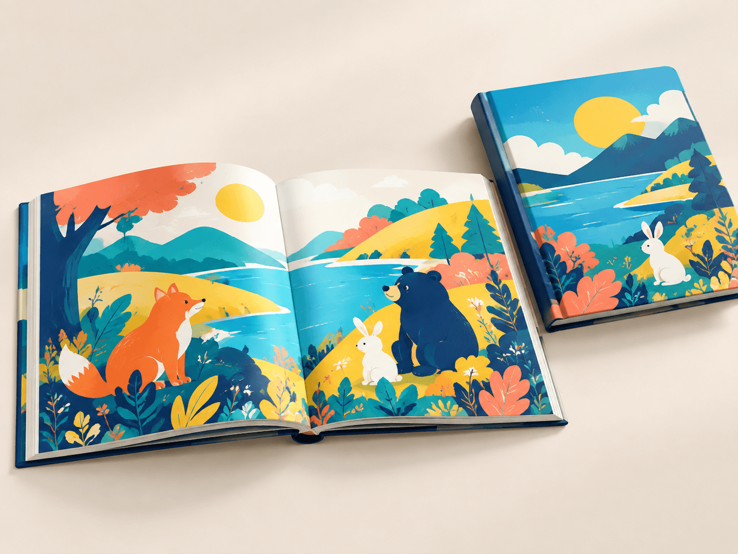 Open children's picture book showing a full-color illustrated spread