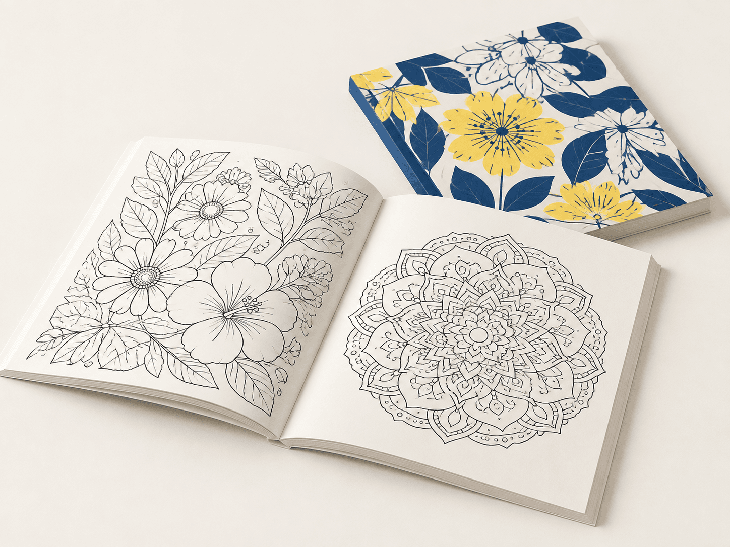 Open colouring book showing detailed line-art pages