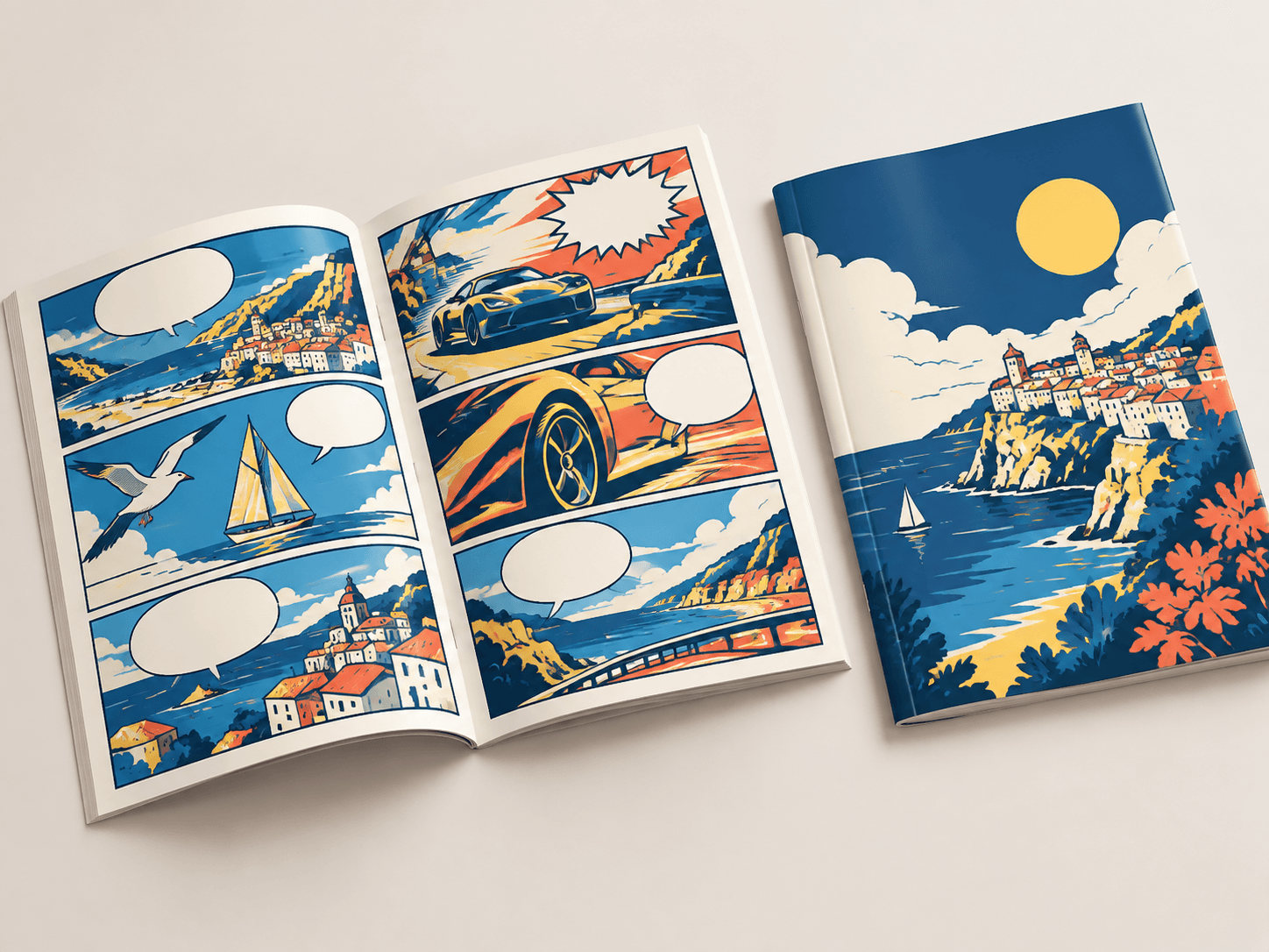 Open comic book showing full-color sequential-art pages