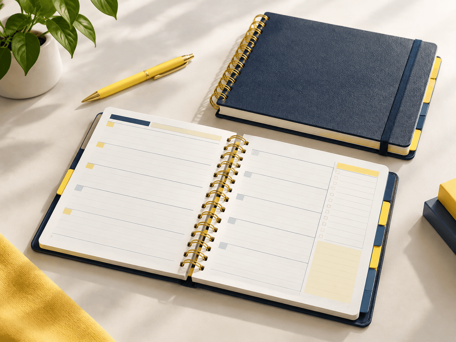 Open custom planner showing dated planning pages and binding