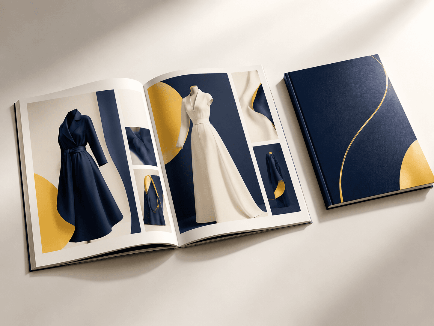Lookbook open to a full-bleed collection photography spread