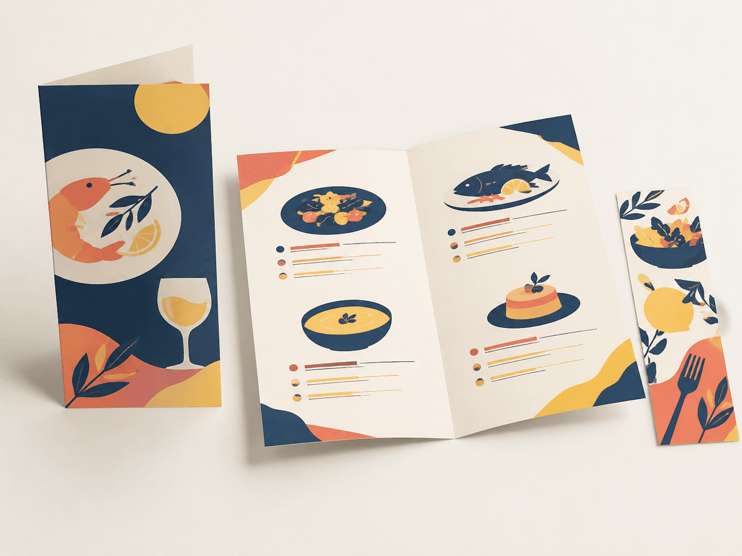 Professionally printed restaurant menu opened to its food listings
