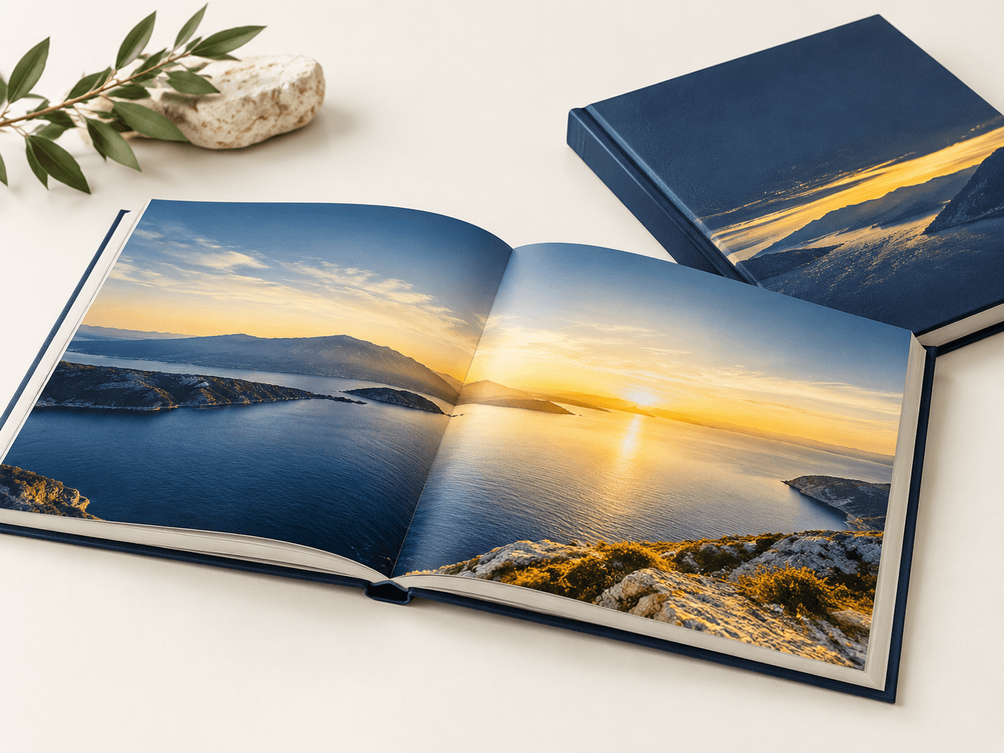 Photo book open to a panoramic image spread