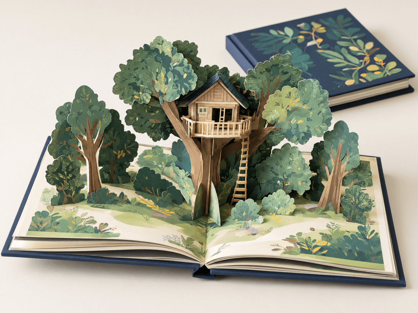 Open pop-up book with a paper treehouse rising from a two-page spread