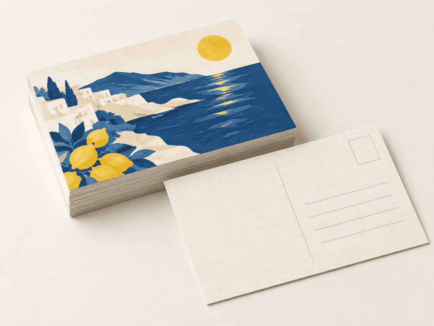 Full-color printed postcards arranged in a stack