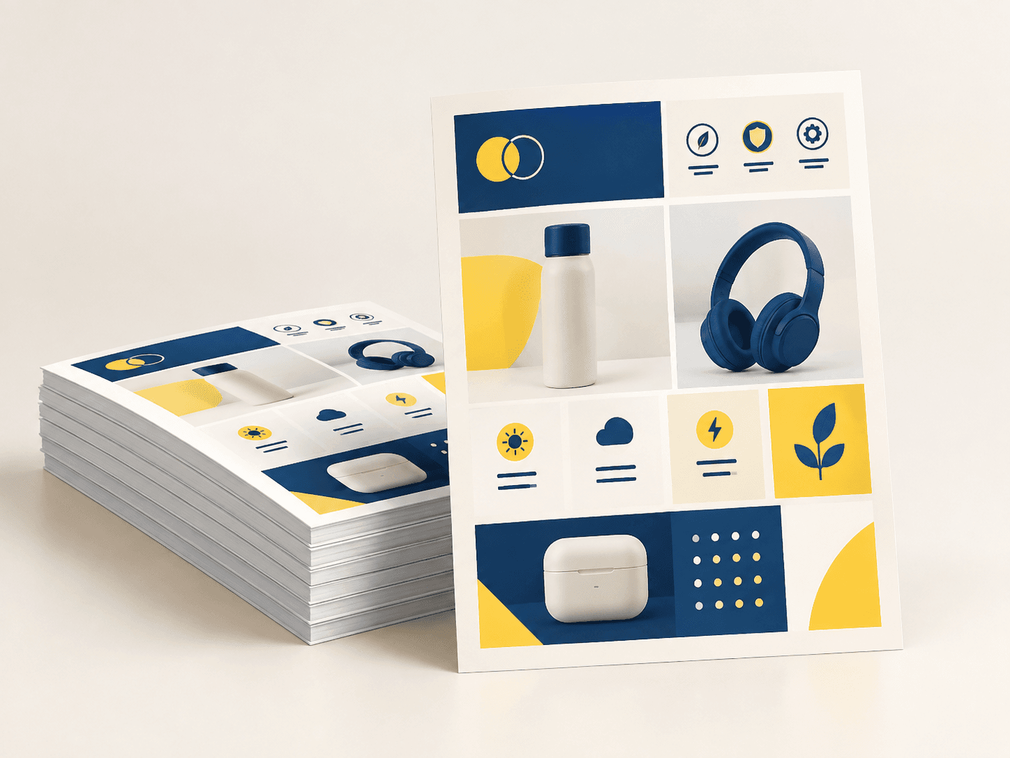 Printed product sell sheet with photography and specifications