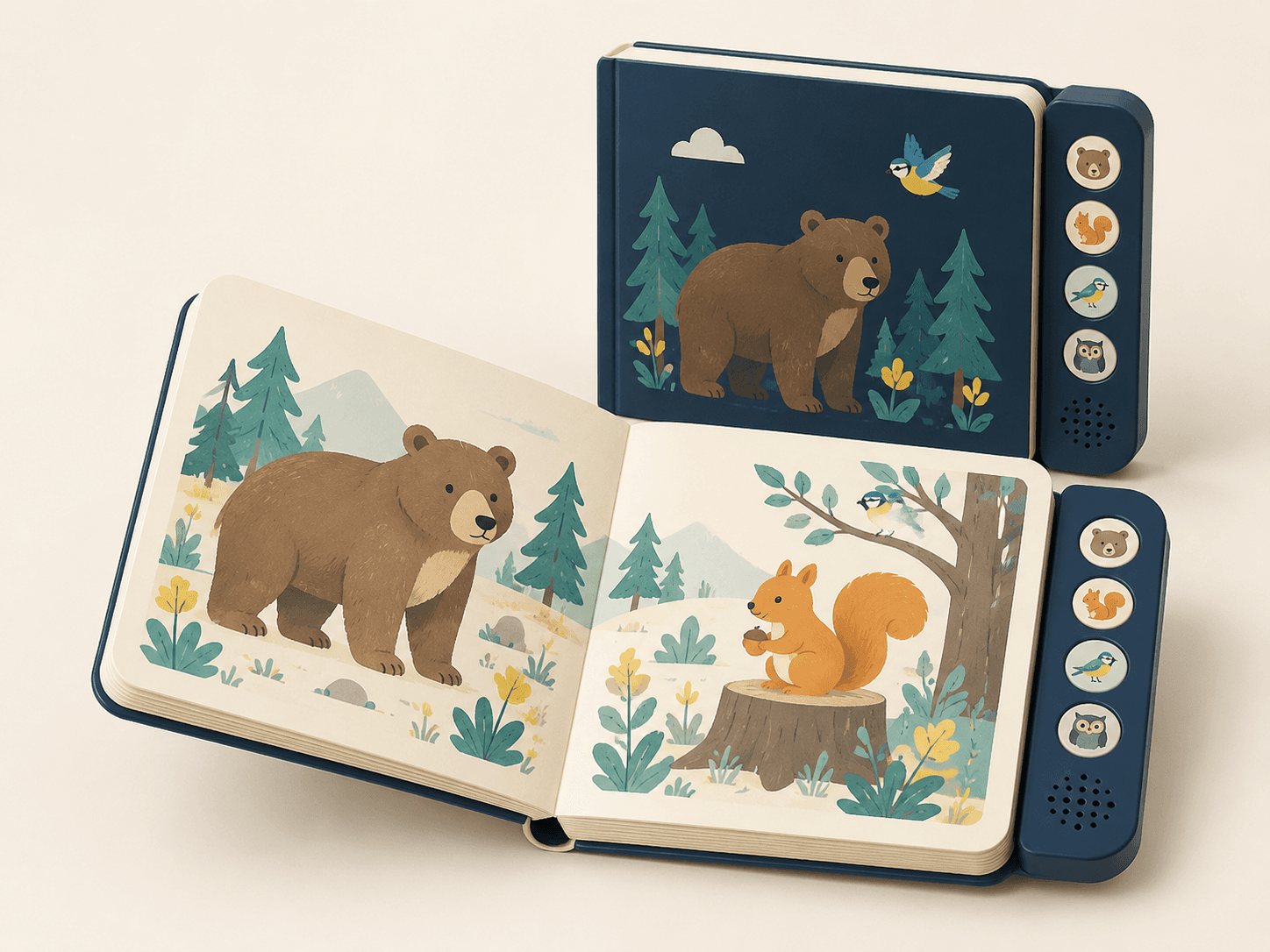 Open woodland sound book with thick pages and a four-button speaker panel attached to its outer edge