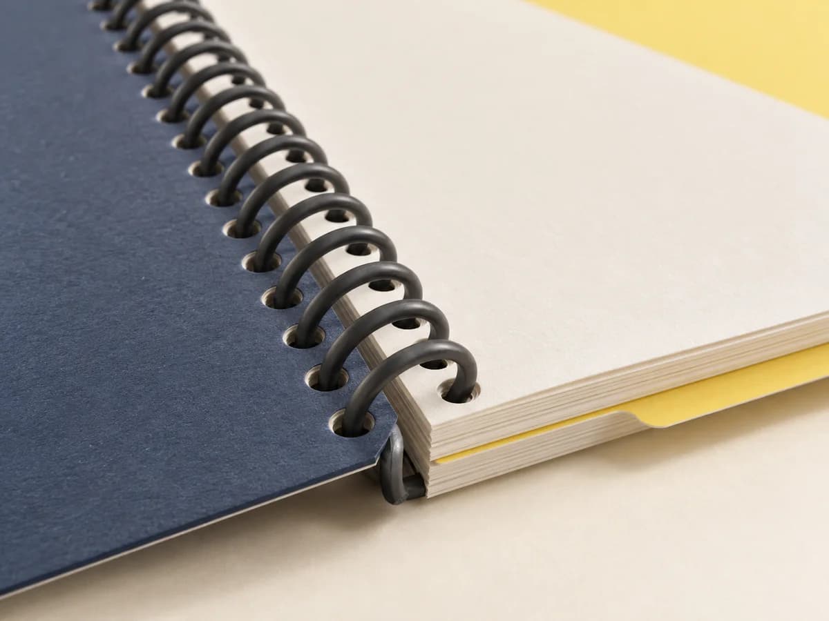 Close view of a continuous spiral coil threaded through punched book pages