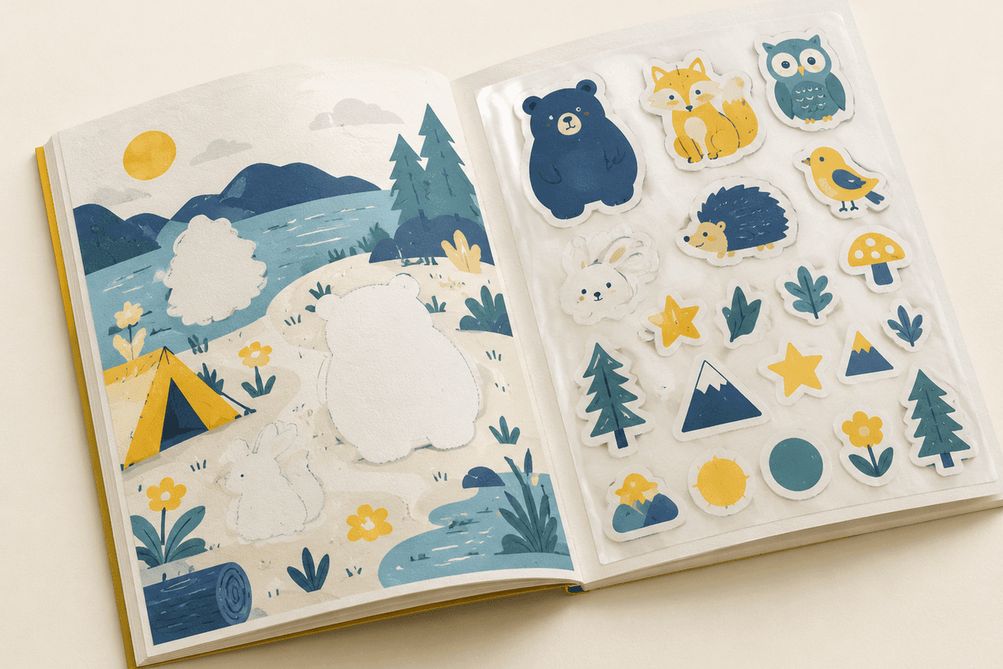Open sticker book showing peelable animal stickers on a release liner