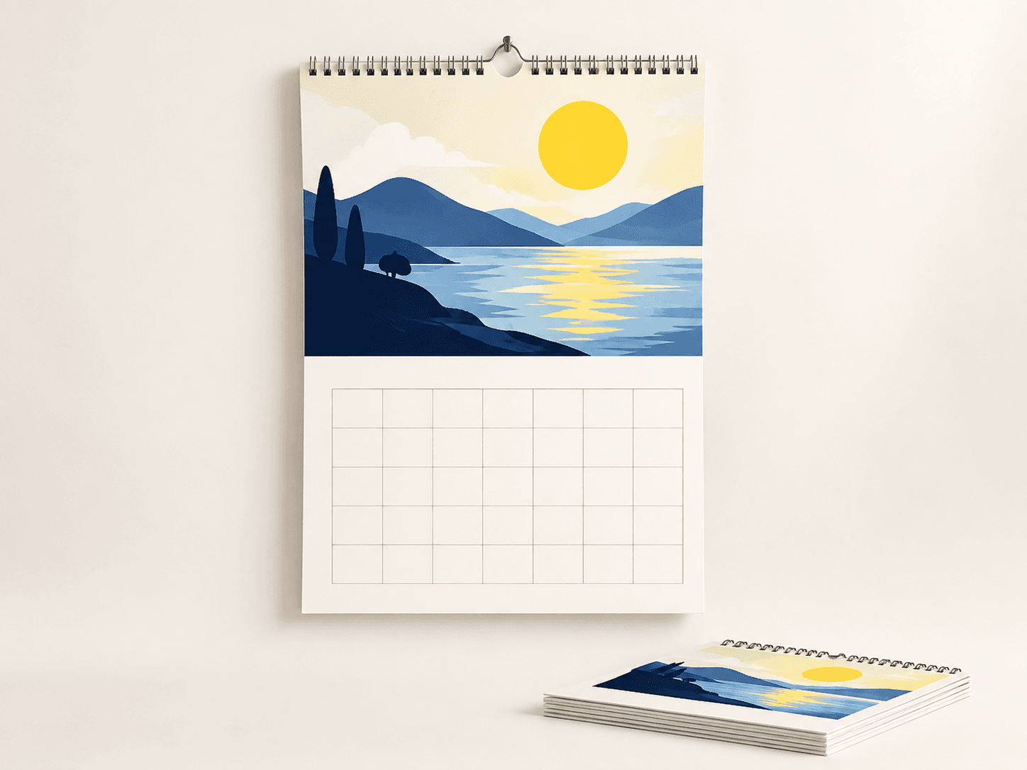 Wire-bound wall calendar with a full-color monthly image