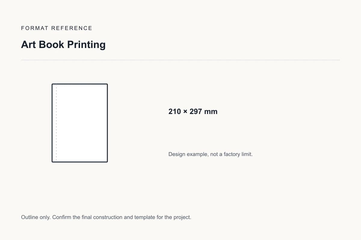 Reference format for art book printing: 210 × 297 mm; design example, not a production dieline