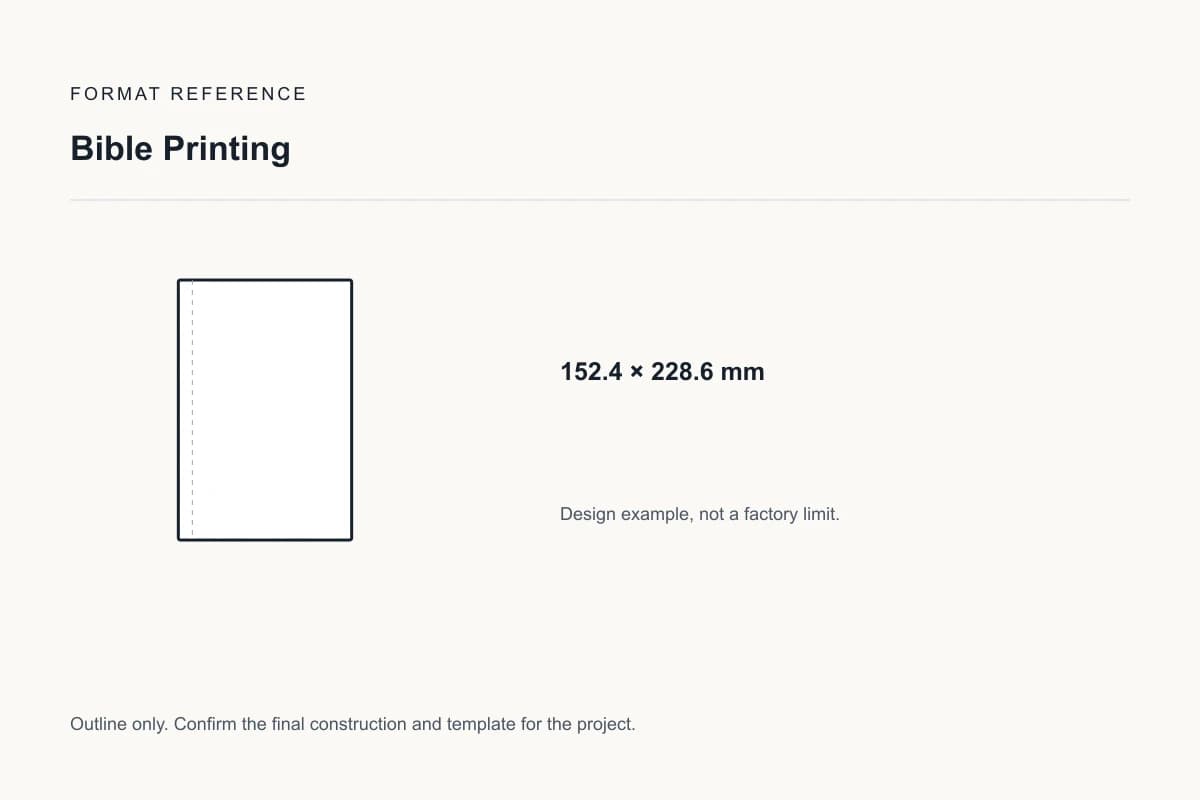 Reference format for bible printing: 152.4 × 228.6 mm; design example, not a production dieline