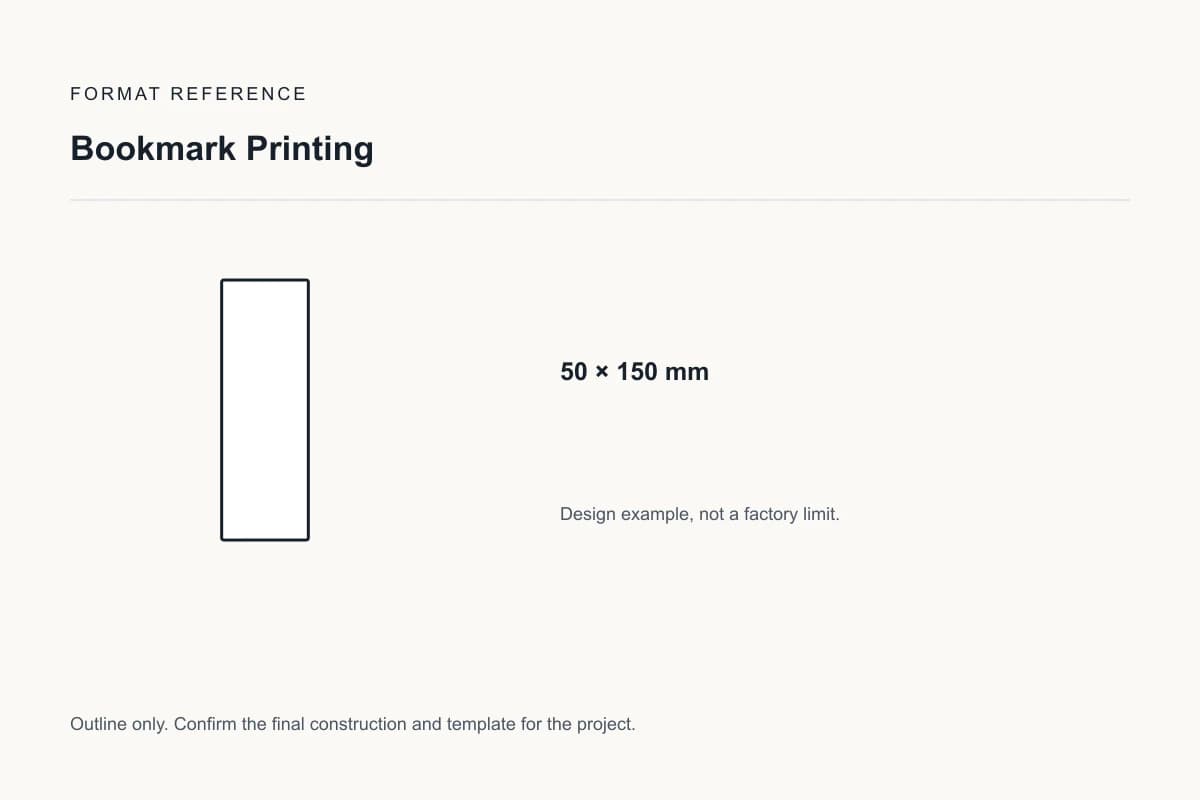 Reference format for bookmark printing: 50 × 150 mm; design example, not a production dieline