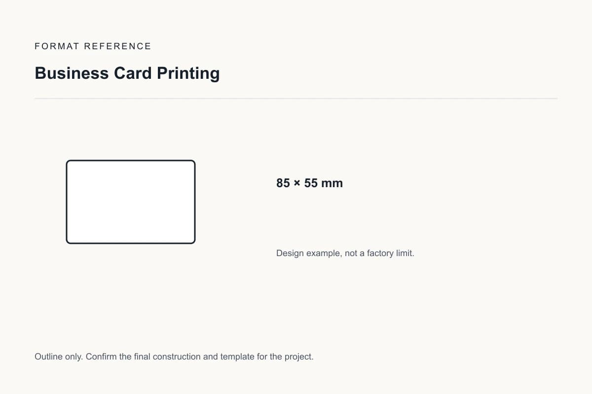 Reference format for business card printing: 85 × 55 mm; design example, not a production dieline