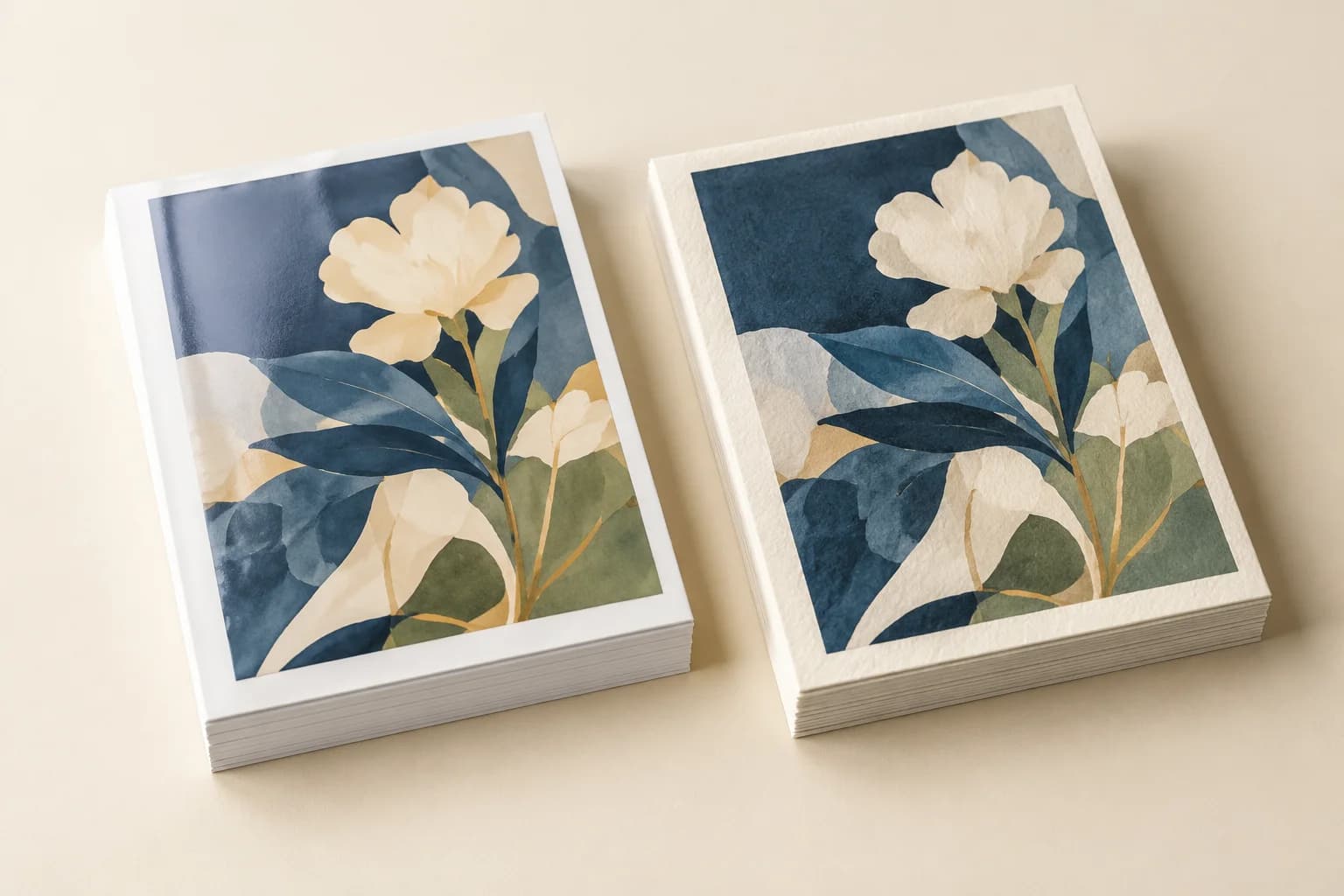 Illustrative art-book print samples comparing smooth coated and textured uncoated paper