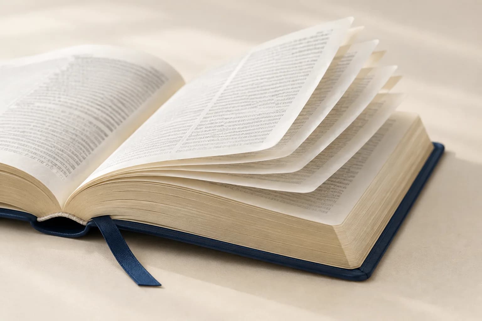 Illustrative thin-paper book with fanned cream leaves and a navy ribbon marker