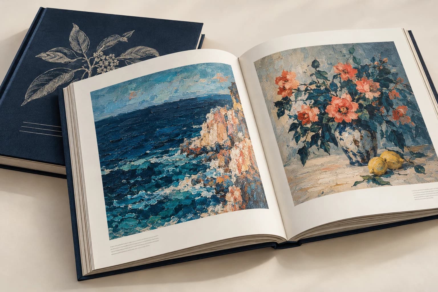 Illustrative Art Book: Fine brush marks, neutral image borders, sewn gutter and substantial printed paper.