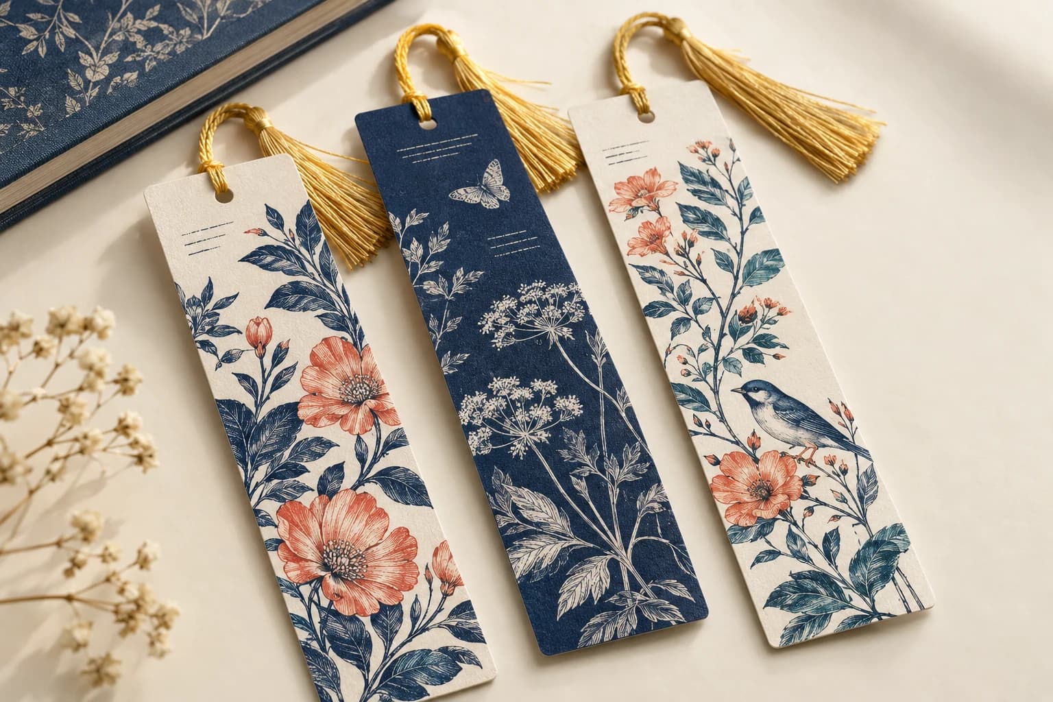 Illustrative Bookmark: Slender card proportions, clean trim, durable hole margin and fine printed illustration.