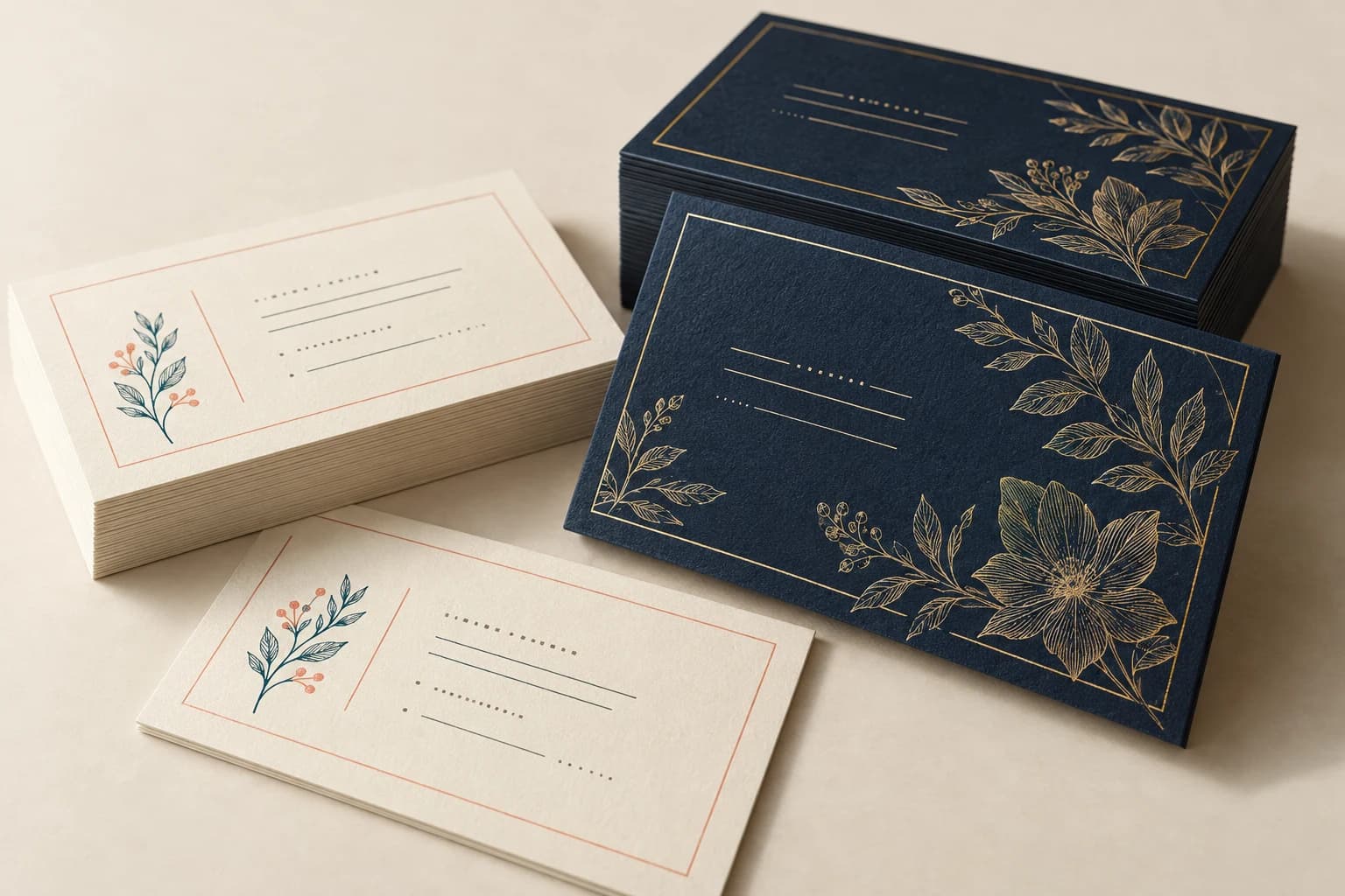 Illustrative Business Card: Crisp trimmed stacks, restrained fine printing and distinct front/back layouts; no deck packaging.