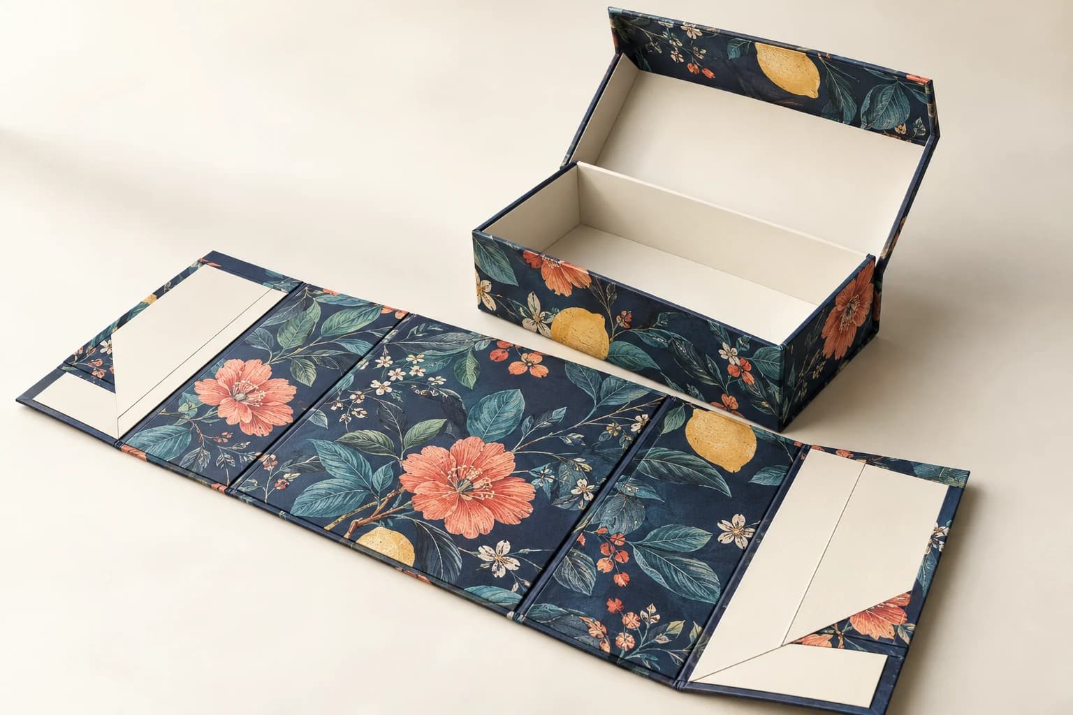 Illustrative Collapsible Rigid Box: Recognizable flat-pack hinges, attached panels, erected rigid cavity and matching printed wraps.