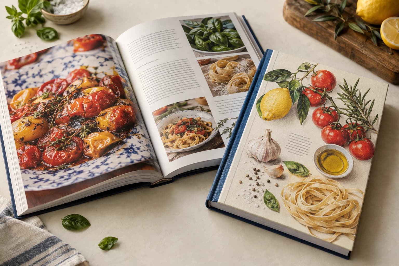 Illustrative Cookbook: Vivid printed food photos, readable layout texture, open spread and protective cover surface.