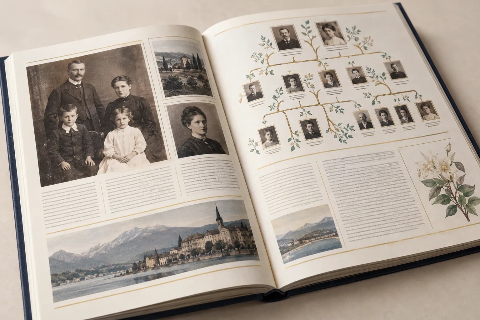 Illustrative Family History Book: Distinct portrait reproductions, branching tree lines and the layout near the gutter.