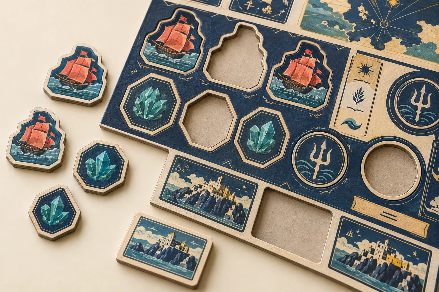 Illustrative Game Token & Tile: Die-cut retained token shapes, clean exposed board edges, matching printed faces and real punchout cavities.