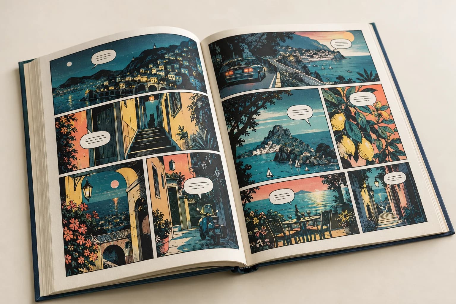 Illustrative Graphic Novel: Sharp panel borders, controlled dark ink, printed color and clear gutter transitions.