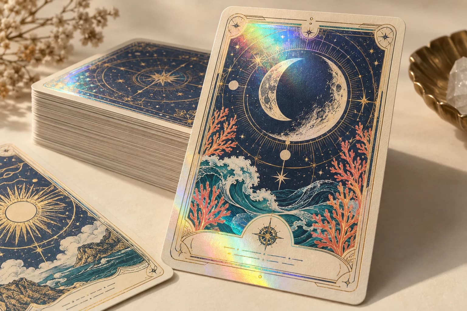 Illustrative Holographic Card: Angle-dependent rainbow reflection clearly bounded around opaque readable printed regions.