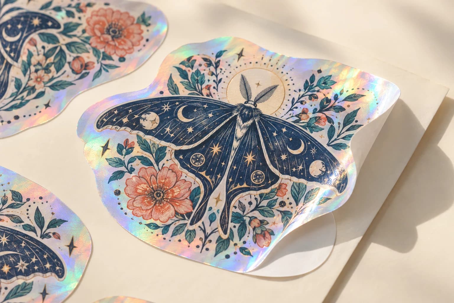 Illustrative Holographic Sticker: True reflective film sheen, crisp opaque printed zones and visible adhesive-label edge.