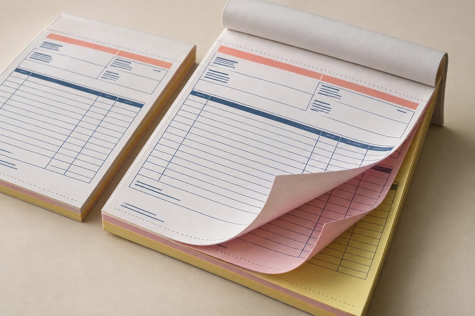 Illustrative Invoice Book: Multipart sheet sequence, retained copy, removal perforation and accurate aligned printed form grids.
