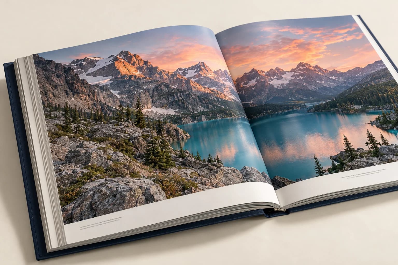 Illustrative Large-Format Book: Wide printed image detail, broad sewn opening and visibly supported thick cover.