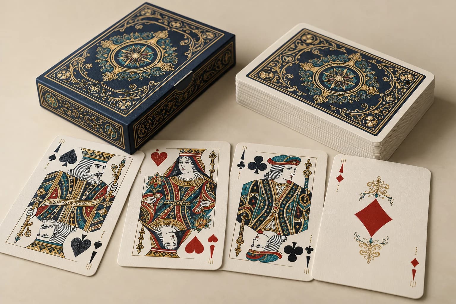 Illustrative Magic Card: Uniform rounded edges, identical symmetric backs and traditional printed suit faces; no holographic or lenticular film.