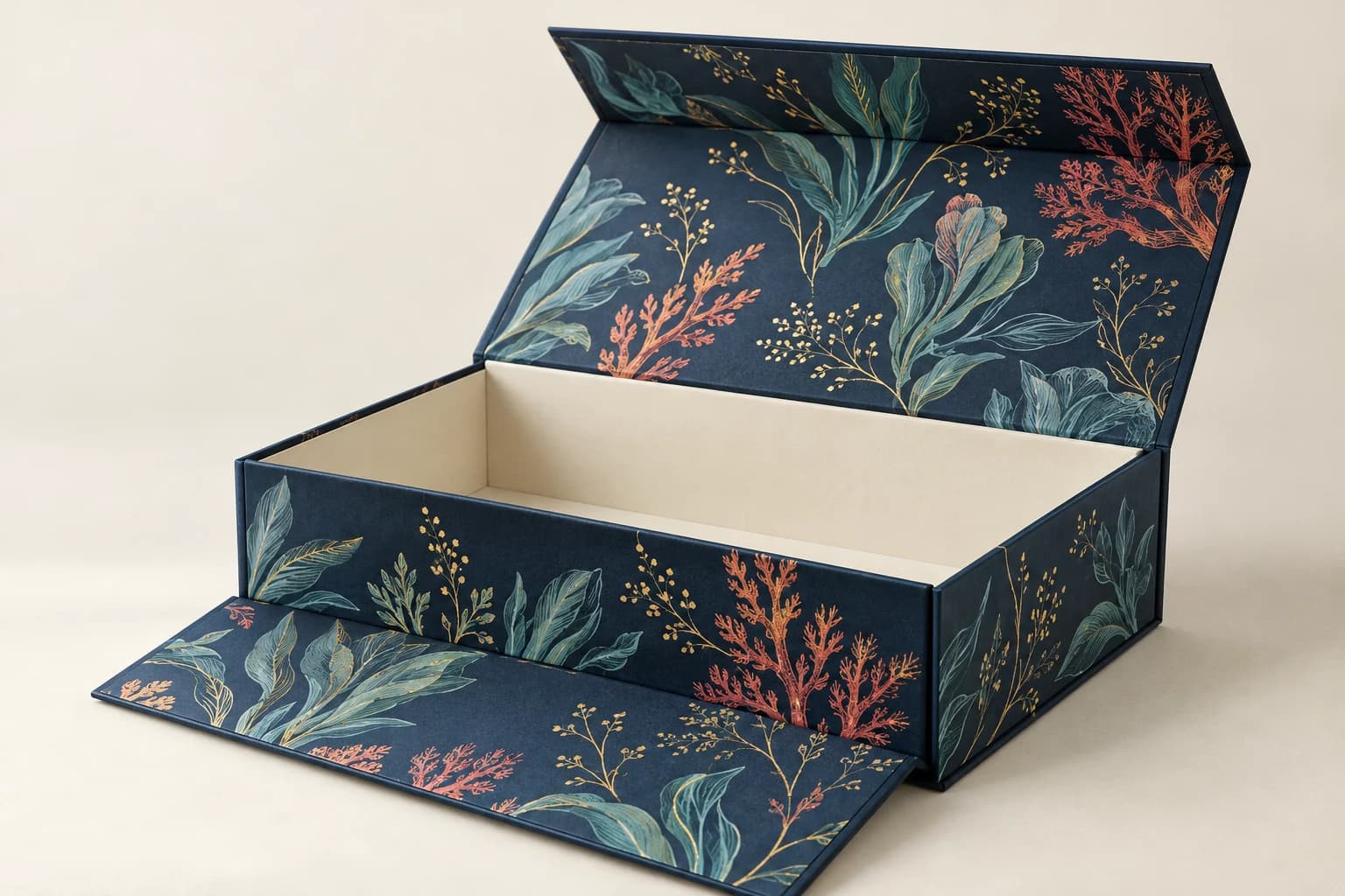 Illustrative Magnetic Closure Box: Clear hinge and closing flap, discreet concealed magnetic contact positions and clean wrapped panels.