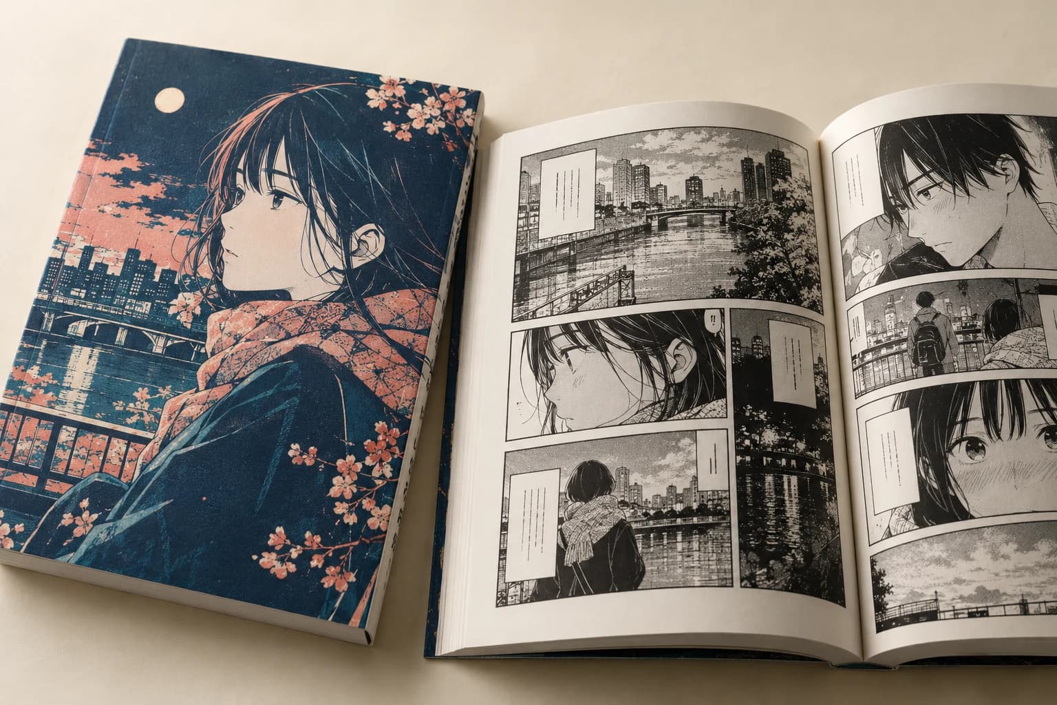 Illustrative Manga: Crisp black linework, fine halftone dots and properly aligned panel borders on real paper.