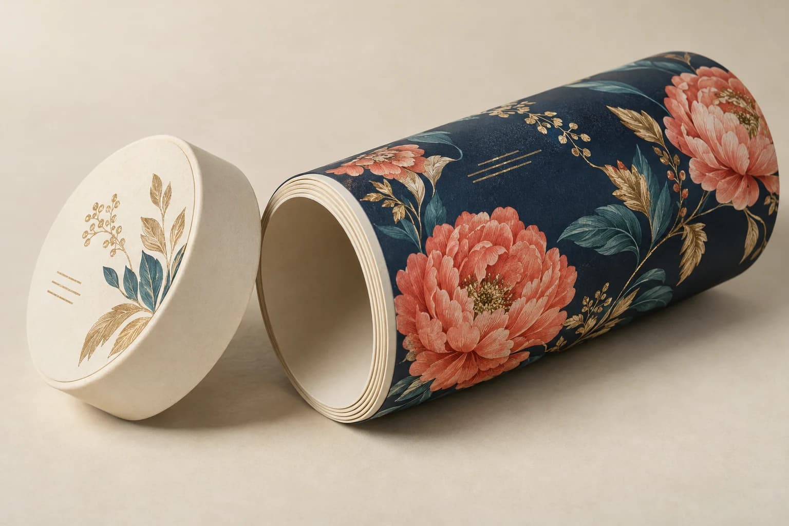 Illustrative Paper Tube Packaging: Visible circular cavity, layered paper wall, cap engagement and continuous printed curved wrap.