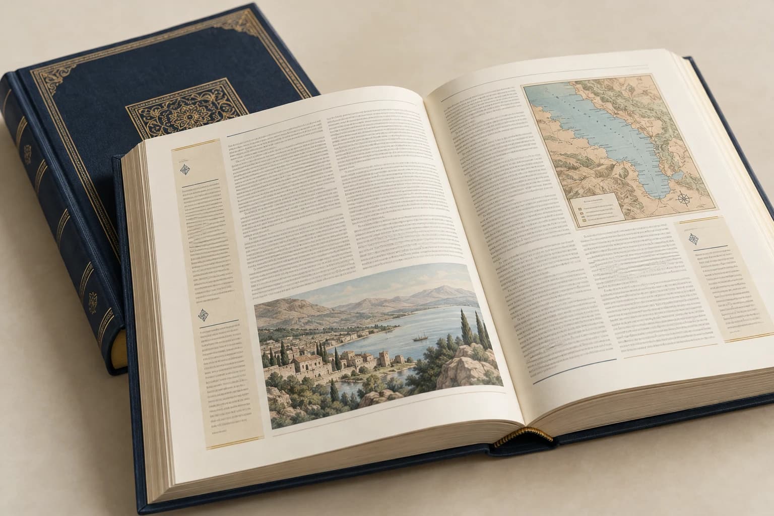 Illustrative Religious Book: Distinct text and commentary hierarchy, mapped illustration and bound gutter.