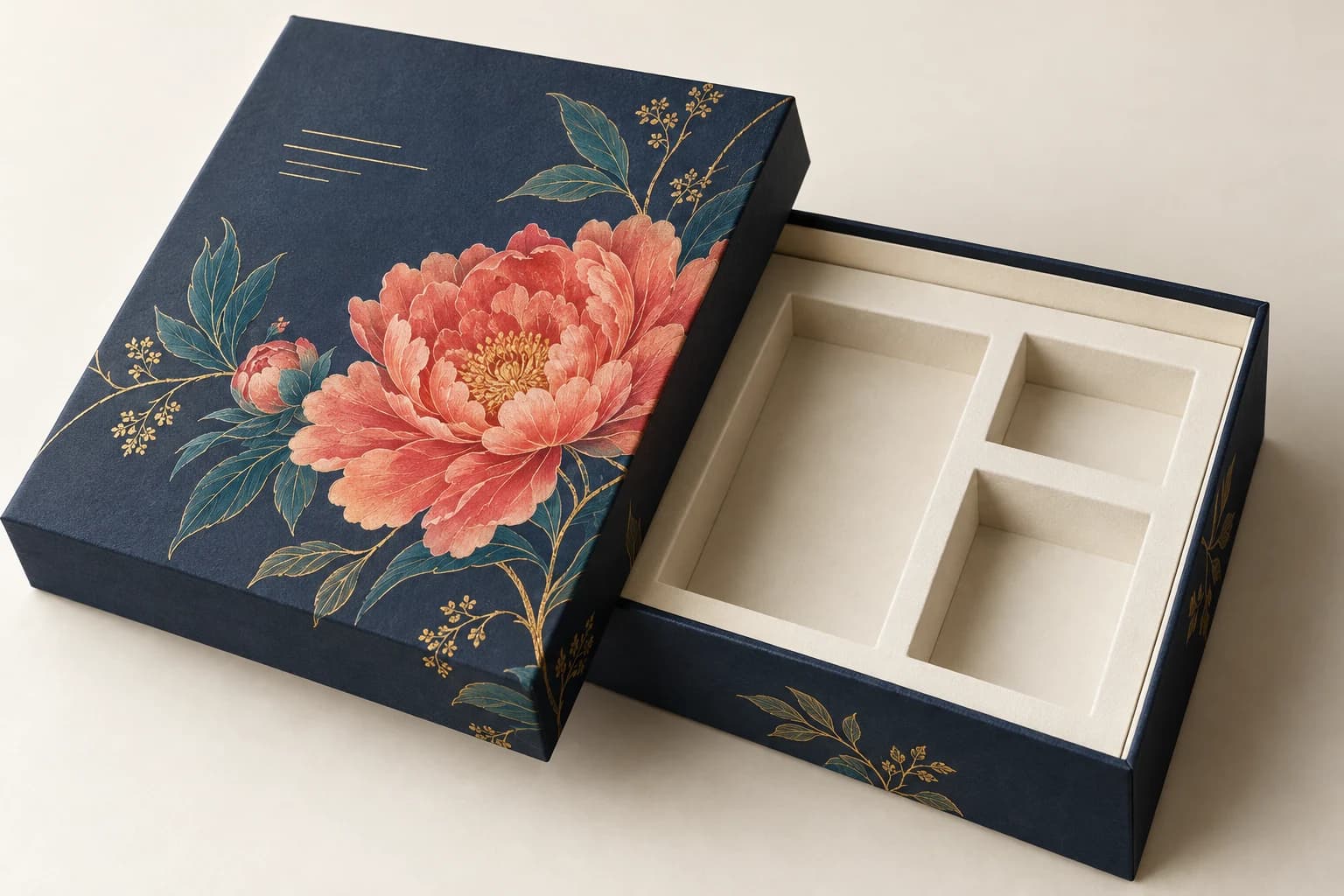 Illustrative Rigid Box: Rigid wall thickness, turned-in wrap corners, crisp printed flower detail and fitted insert cavities.