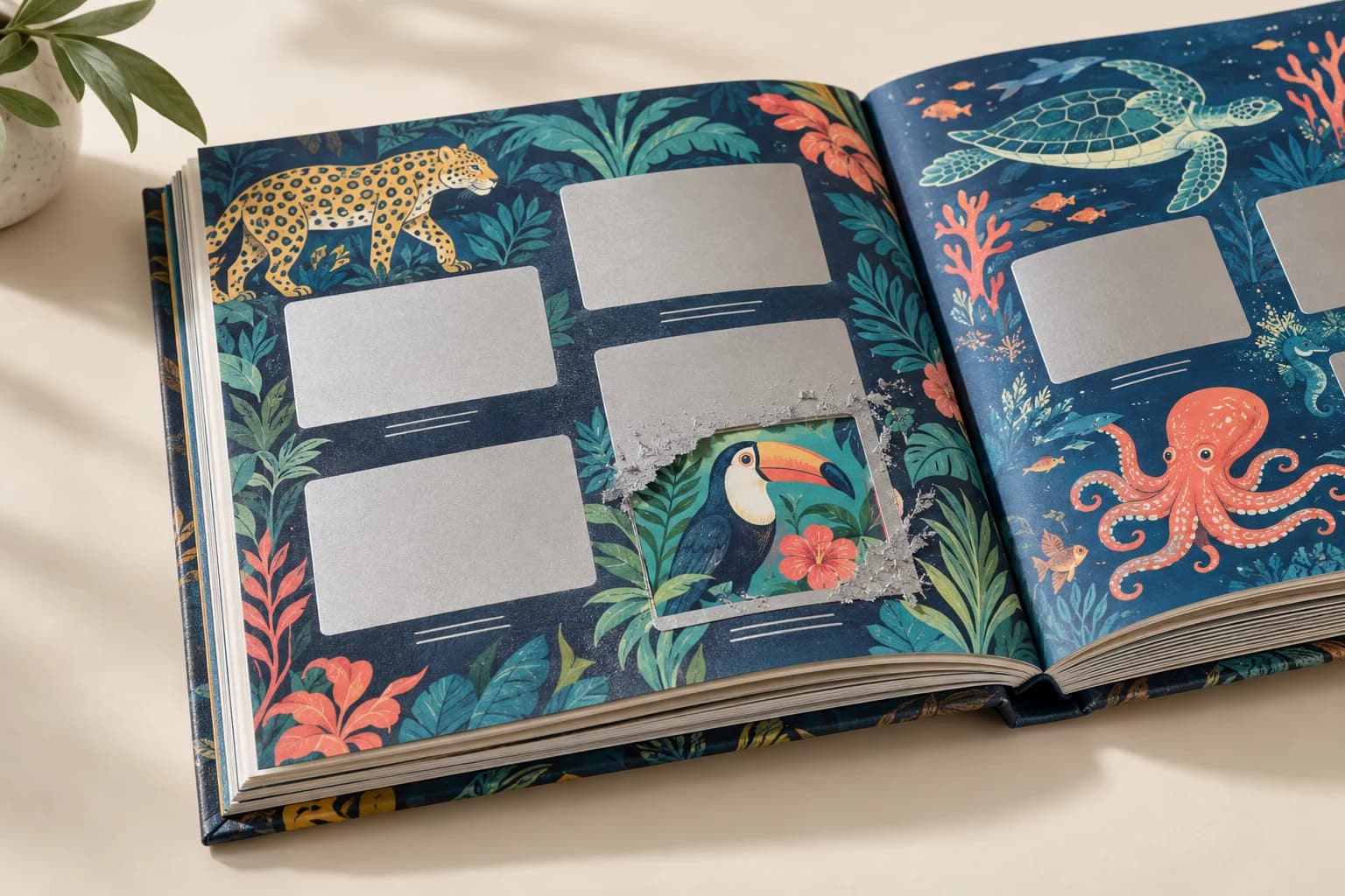 Illustrative Scratch-Off Book: Distinct removable silver coating edge, vibrant revealed printing and real bound paper leaves.