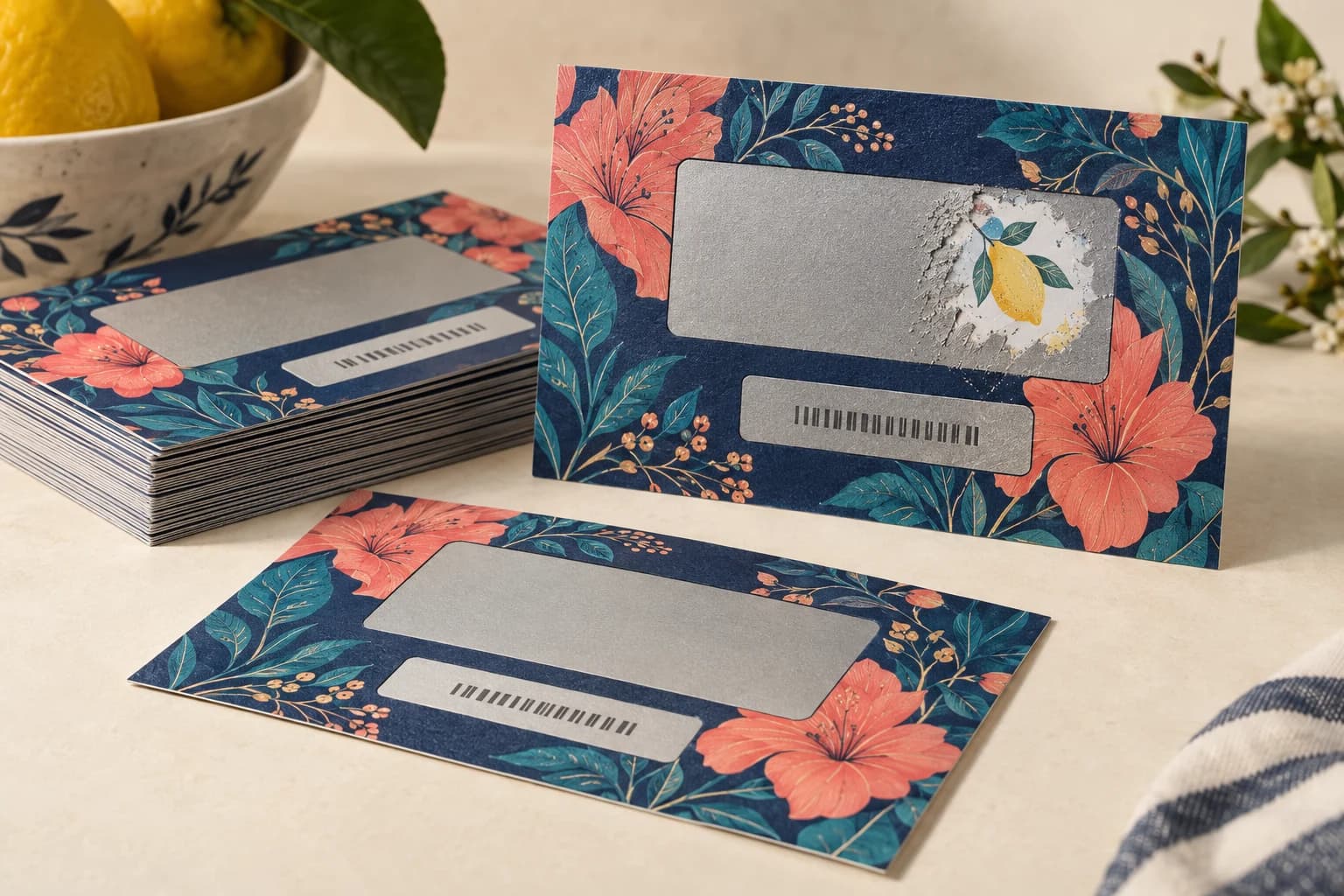 Illustrative Scratch-Off Card: Silver coating boundary, undamaged revealed image and separate visible code area.