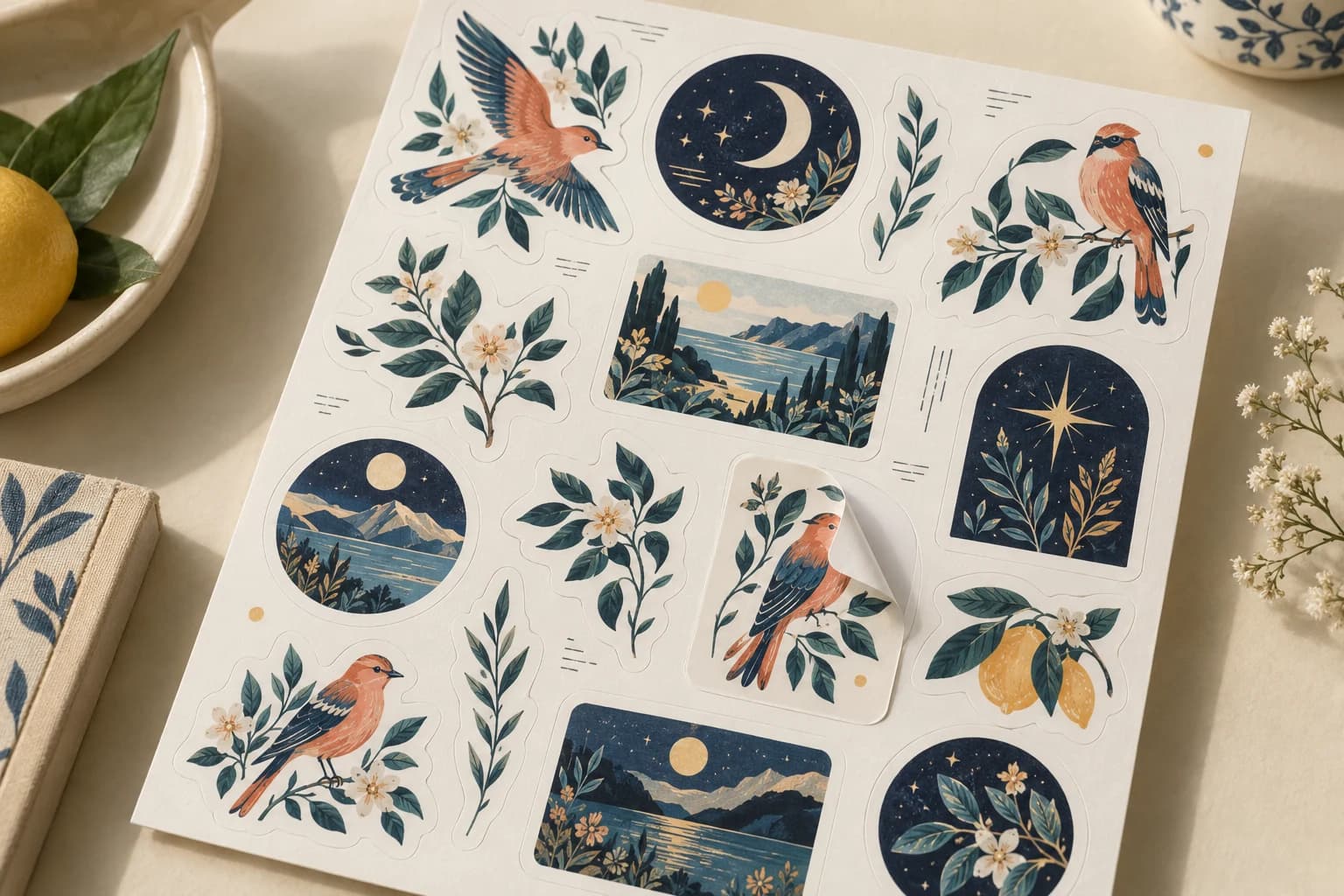 Illustrative Sticker Sheet: Multiple face-only cuts on one intact backing sheet with distinct spacing and handling margins.