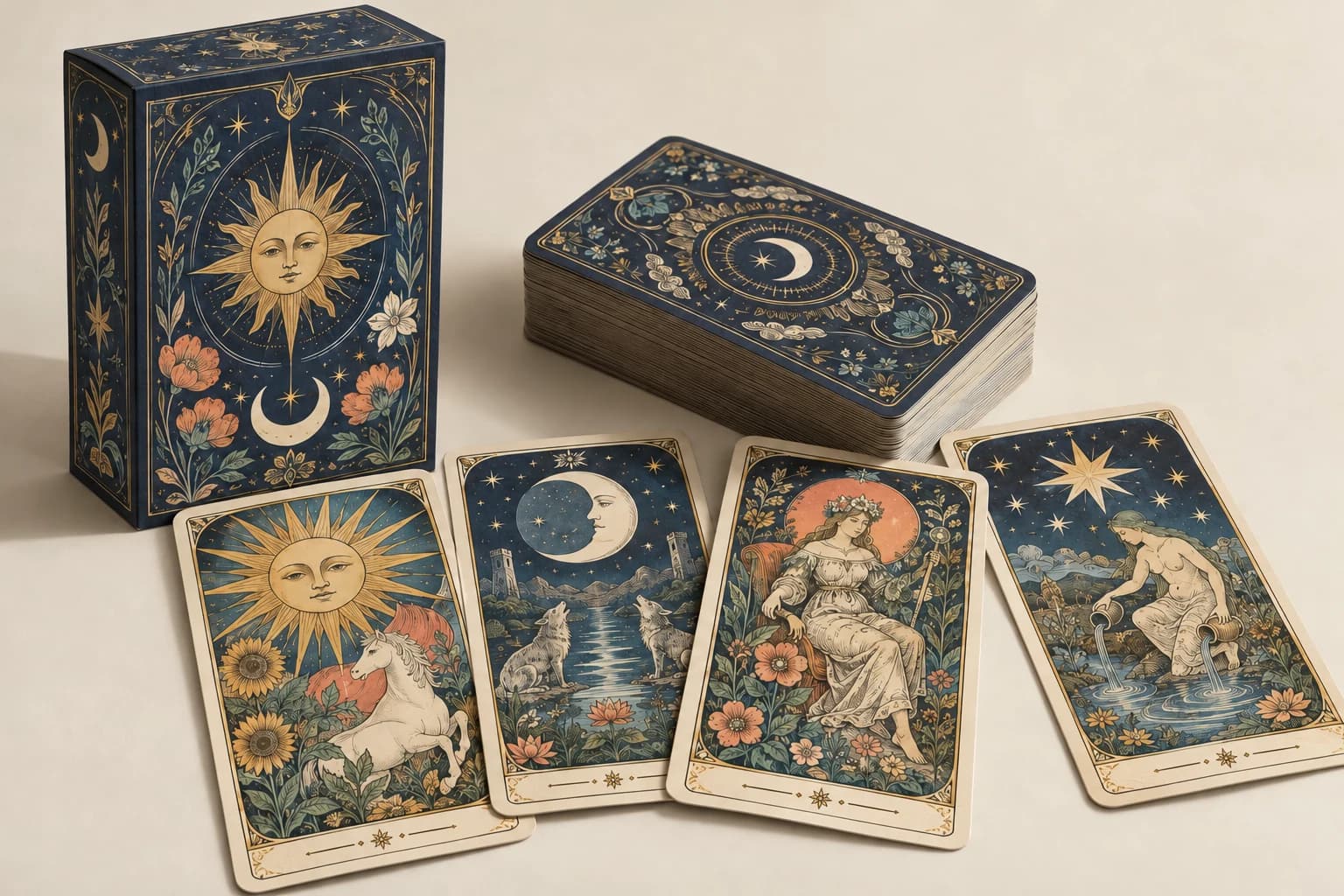 Illustrative Tarot Card: Recognizable tarot symbolism, tall rounded cards, detailed original printing and a complete deck.