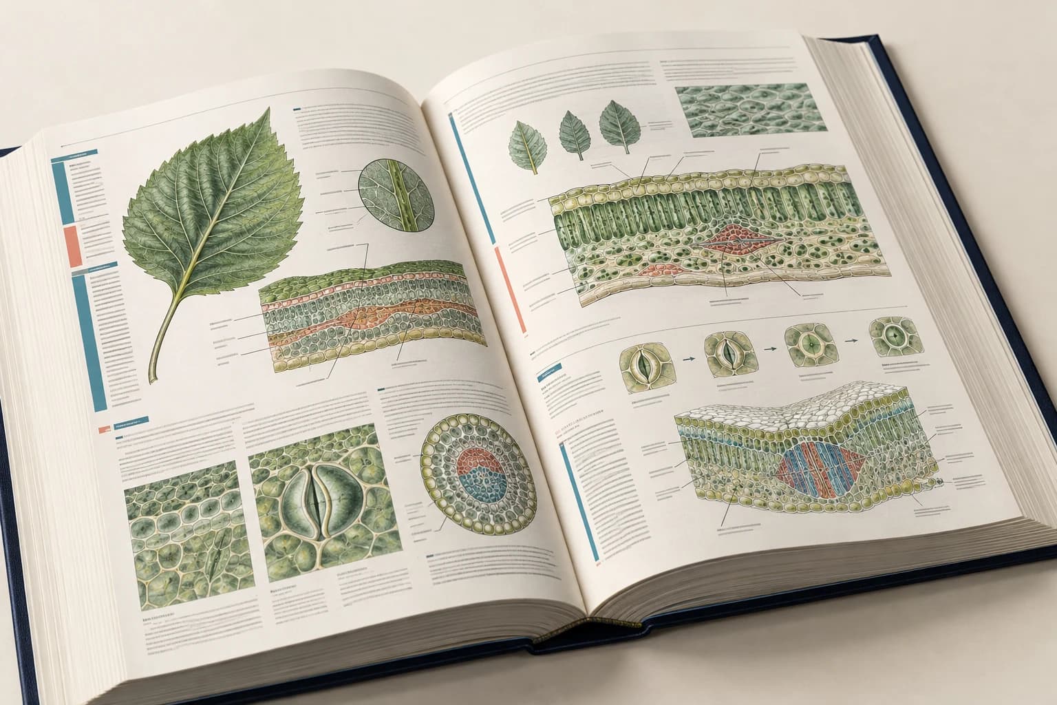 Illustrative Textbook: Sharp diagram lines, differentiated chapter colors, real page stack and binding.
