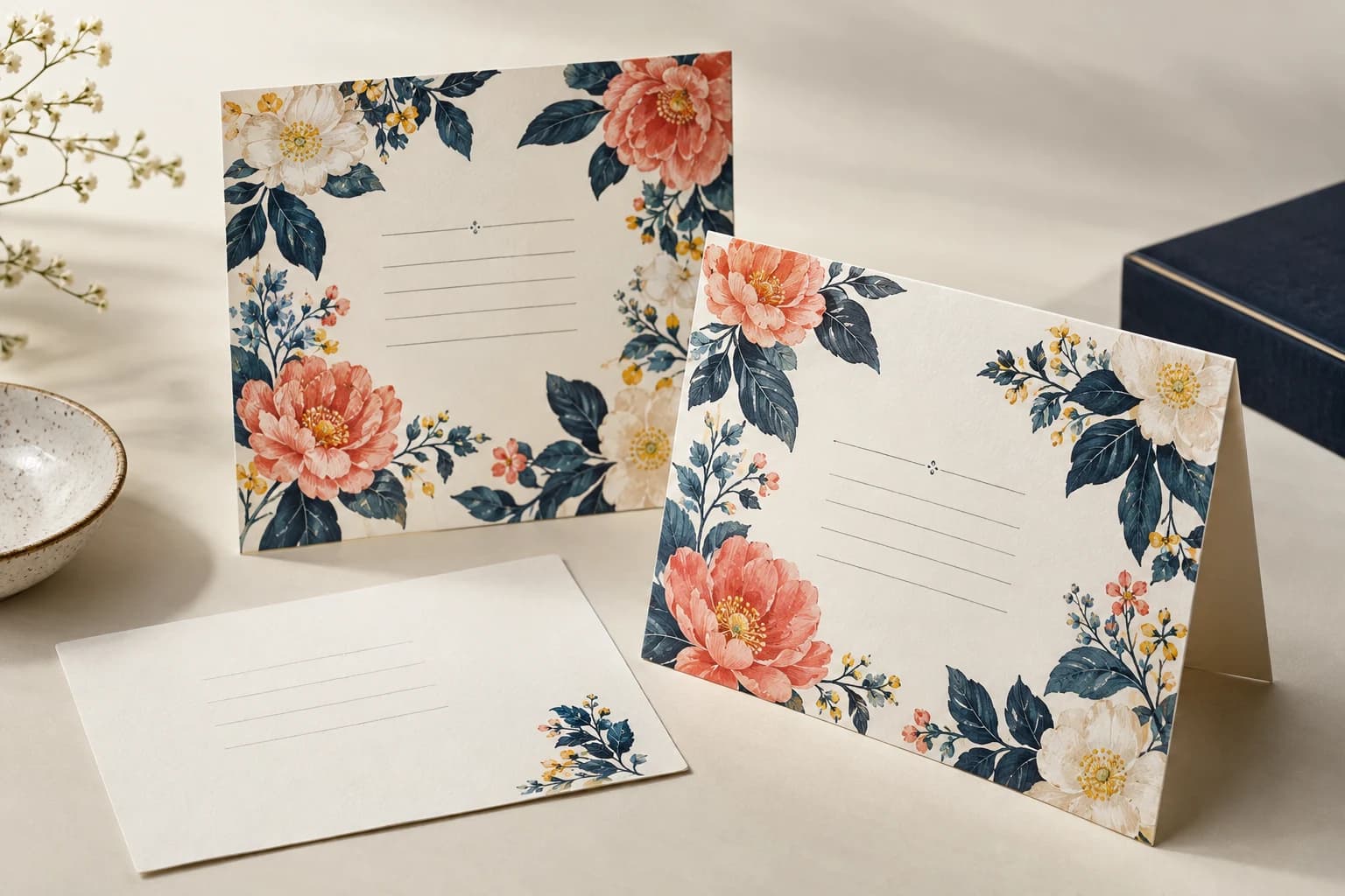 Illustrative Thank-You Card: High-detail printed flowers, writable reverse and difference between flat insert and folded card.