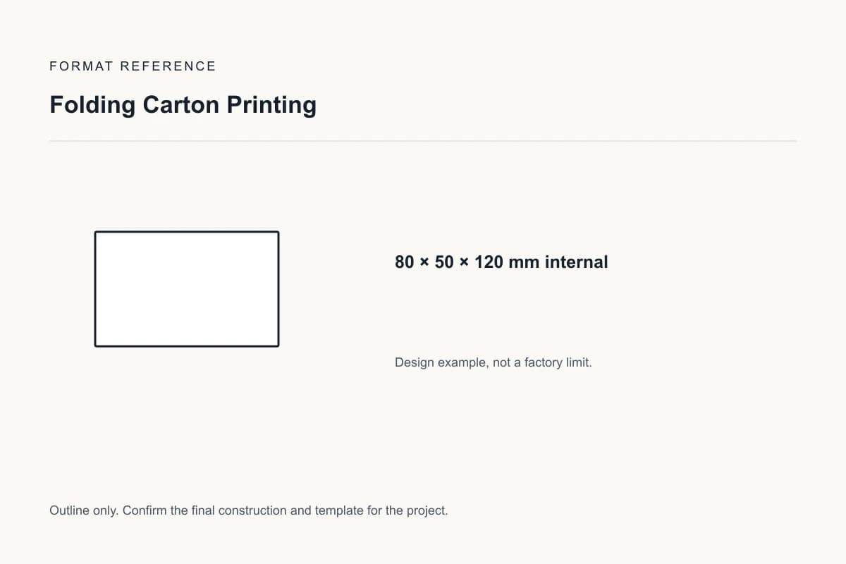 Reference format for folding carton printing: 80 × 50 × 120 mm internal; design example, not a production dieline