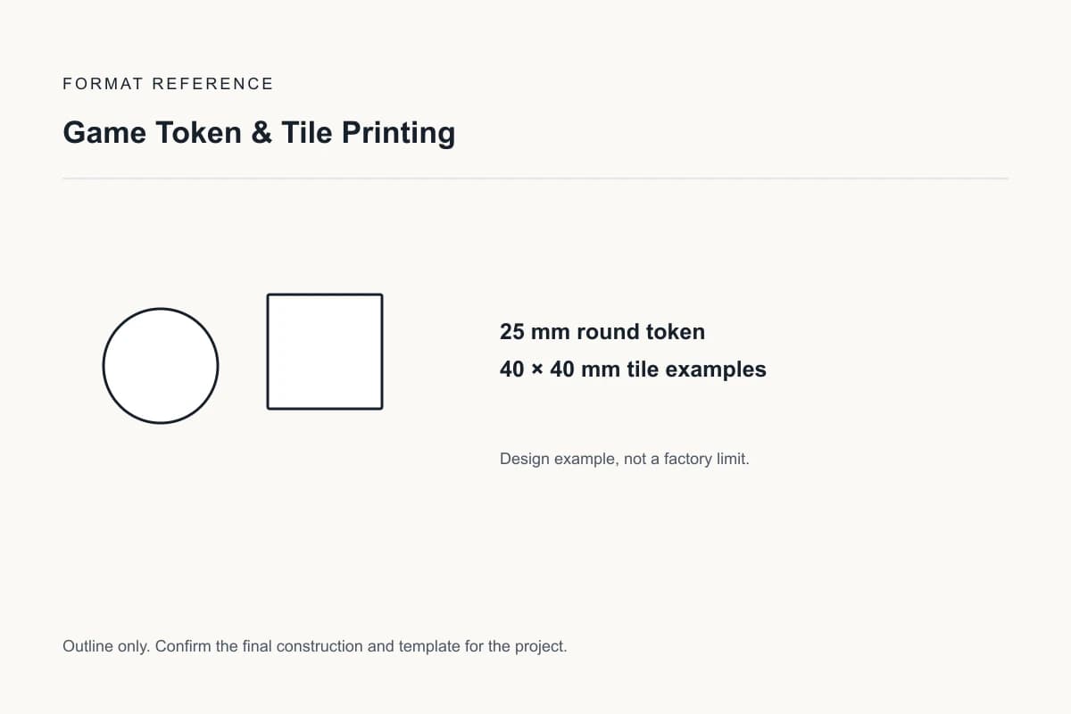 Reference format for game token & tile printing: 25 mm round token; 40 × 40 mm tile examples; design example, not a production dieline