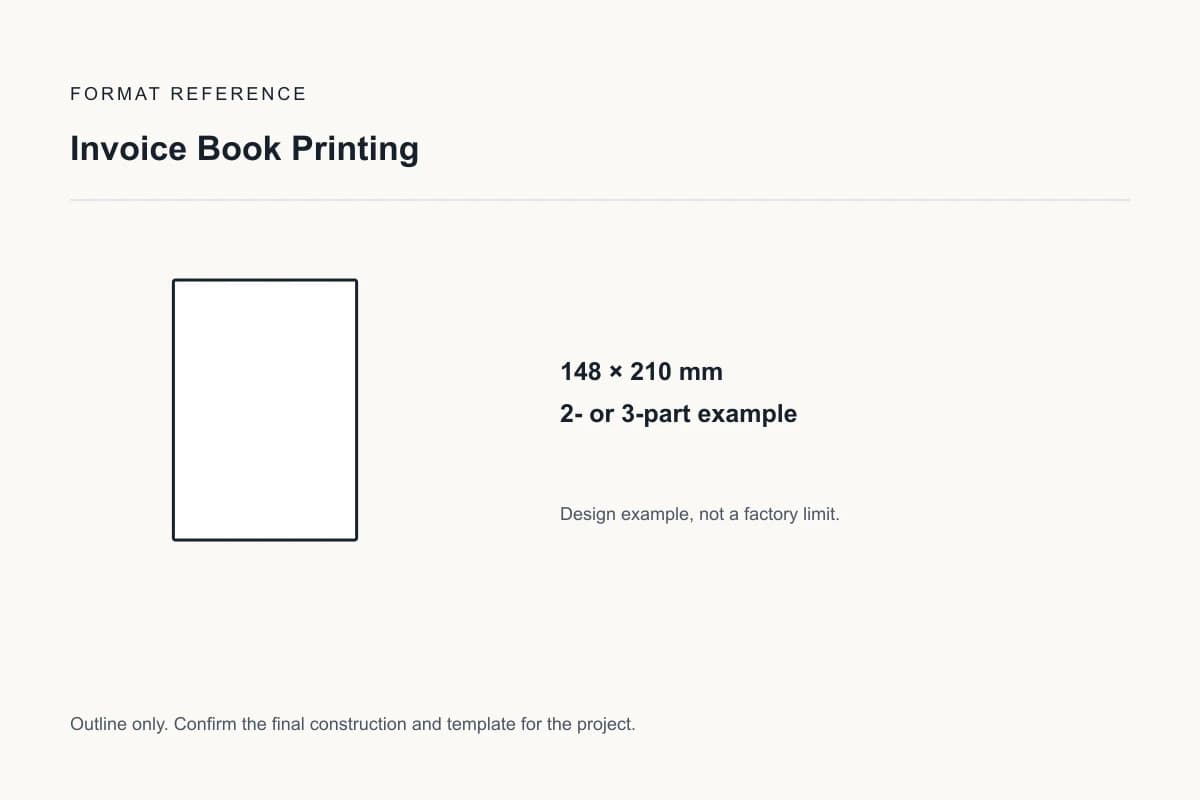 Reference format for invoice book printing: 148 × 210 mm; 2- or 3-part example; design example, not a production dieline